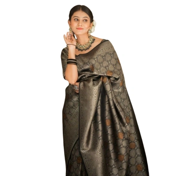 Generic Women's Silk Printed Saree With Unstitched Blouse 5.5Mtr (Black) - Black