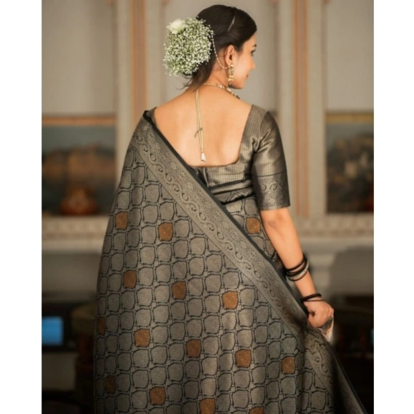 Generic Women's Silk Printed Saree With Unstitched Blouse 5.5Mtr (Black) - Black