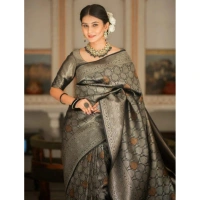 Generic Women's Silk Printed Saree With Unstitched Blouse 5.5Mtr (Black) - Black