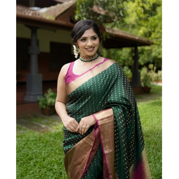 Generic Women's Silk Printed Saree With Unstitched Blouse 5.5Mtr (Green) - Green