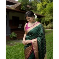 Generic Women's Silk Printed Saree With Unstitched Blouse 5.5Mtr (Green) - Green