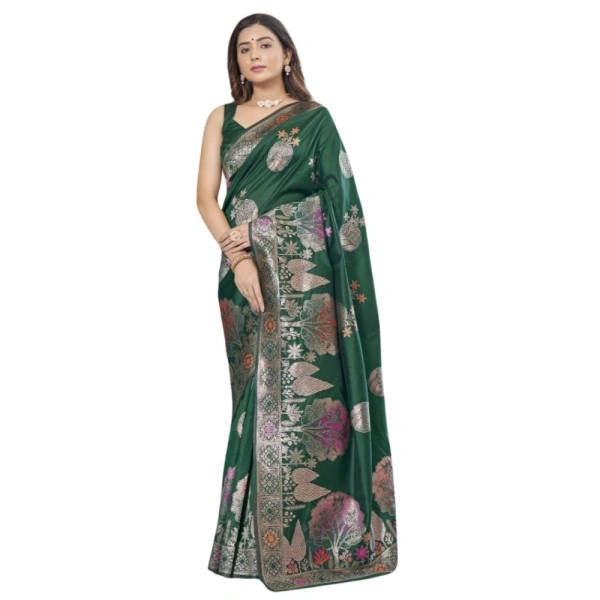 Generic Women's Silk Printed Saree With Unstitched Blouse 5.5Mtr (Green) - Green