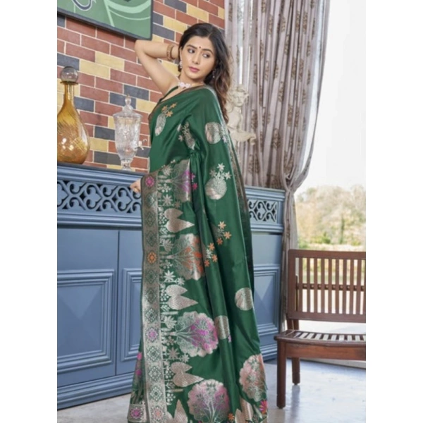 Generic Women's Silk Printed Saree With Unstitched Blouse 5.5Mtr (Green) - Green