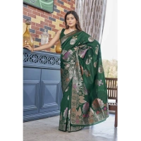 Generic Women's Silk Printed Saree With Unstitched Blouse 5.5Mtr (Green) - Green