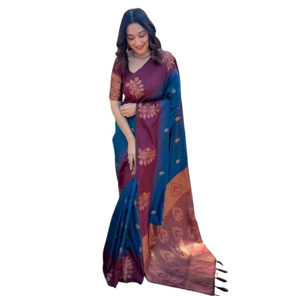 Generic Women's Silk Printed Saree With Unstitched Blouse 5.5Mtr (Blue) - Blue