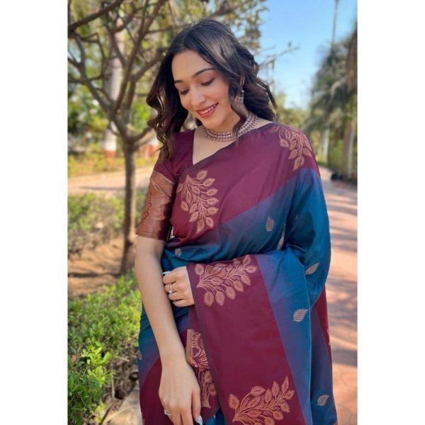 Generic Women's Silk Printed Saree With Unstitched Blouse 5.5Mtr (Blue) - Blue