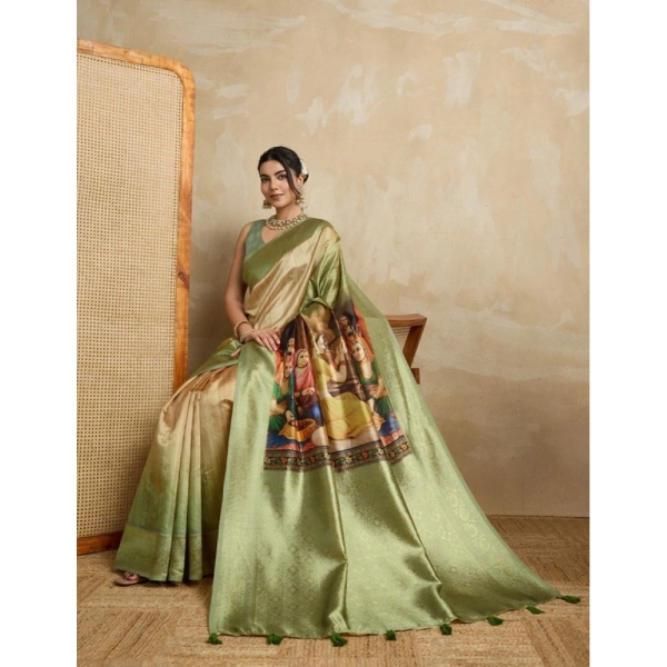Women's Silk Printed Saree With Unstitched Blouse 5.5Mtr (Mehendi)
