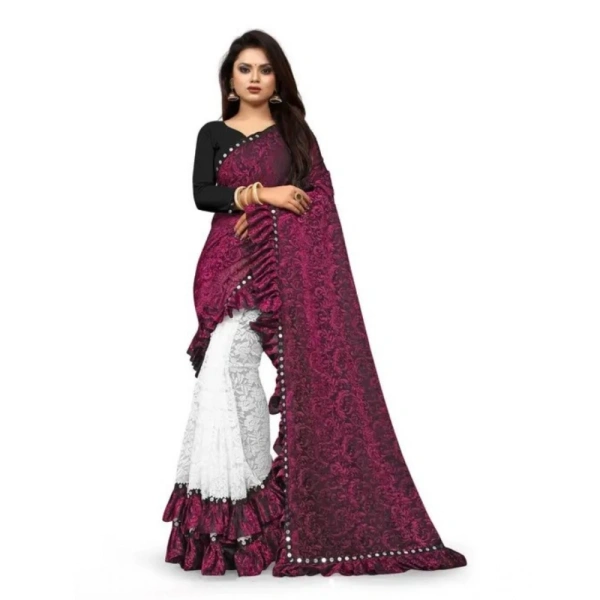 Women's Silk With Mirror Lace Solid Saree With Unstitched Blouse (Pink, 5-5 Mtrs) - Pink