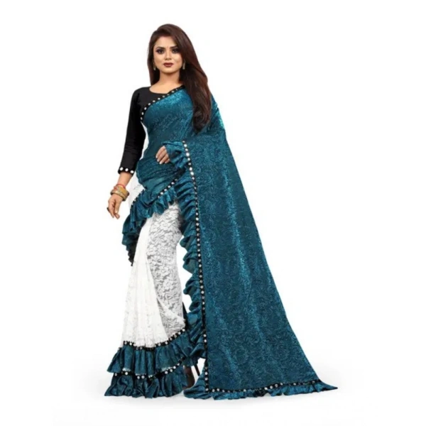 Women's Silk With Mirror Lace Solid Saree With Unstitched Blouse (Rama, 5-5 Mtrs) - Rama