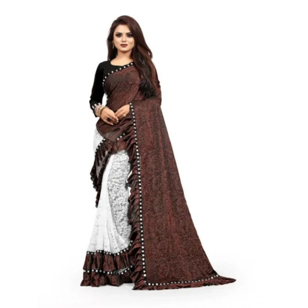 Women's Silk With Mirror Lace Solid Saree With Unstitched Blouse (Brown, 5-5 Mtrs) - Brown