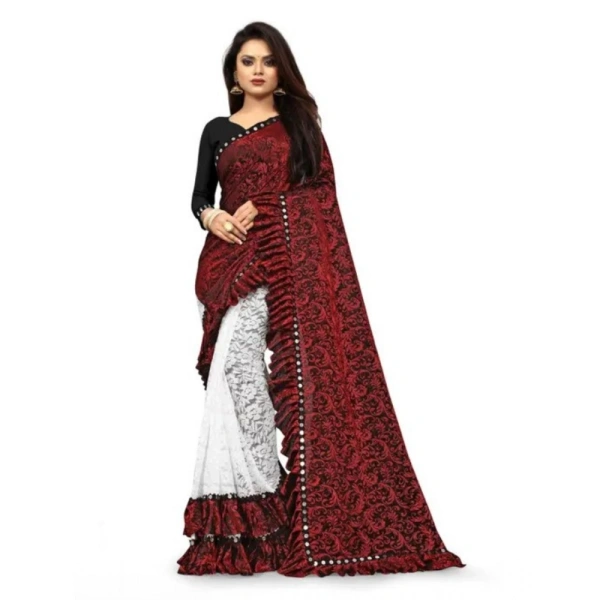 Women's Silk With Mirror Lace Solid Saree With Unstitched Blouse (Red, 5-5 Mtrs) - Red