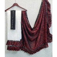 Women's Silk With Mirror Lace Solid Saree With Unstitched Blouse (Red, 5-5 Mtrs) - Red