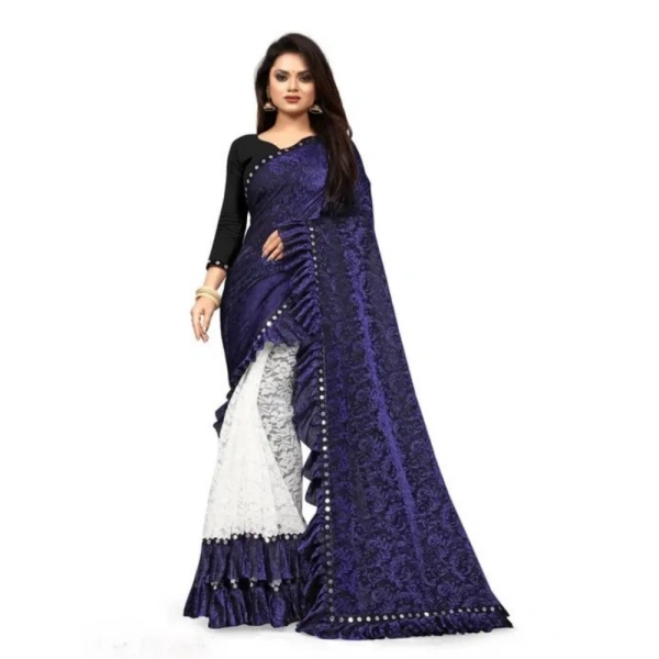Women's Silk With Mirror Lace Solid Saree With Unstitched Blouse (Blue, 5-5 Mtrs) - Blue