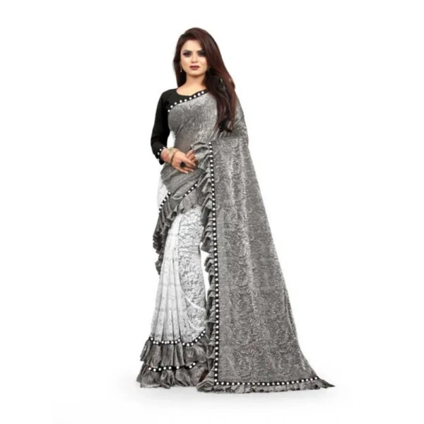 Women's Silk With Mirror Lace Solid Saree With Unstitched Blouse (Grey, 5-5 Mtrs) - Grey
