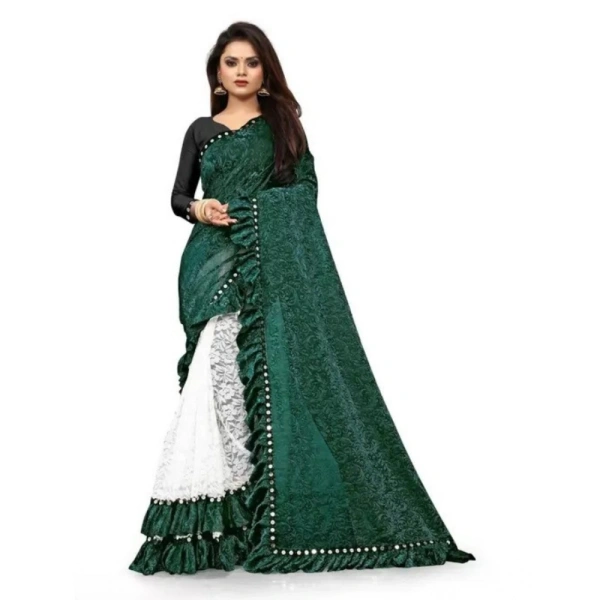 Women's Silk With Mirror Lace Solid Saree With Unstitched Blouse (Green, 5-5 Mtrs) - Green