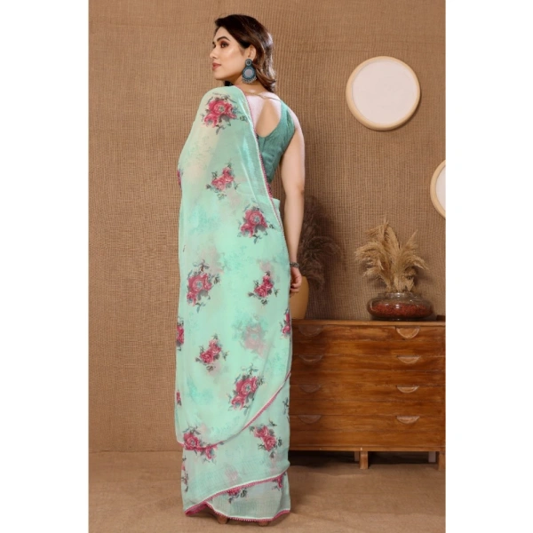 Generic Women's Small Lace Georgette Printed Ready-to-Wear Saree With Unstitched Blouse 5.5 Mtr (Turquoise) - Turquoise