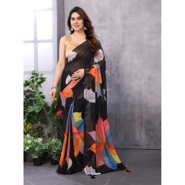 Generic Women's Small Lace Georgette Printed Ready-to-Wear Saree With Unstitched Blouse 5.5 Mtr (Black) - Black