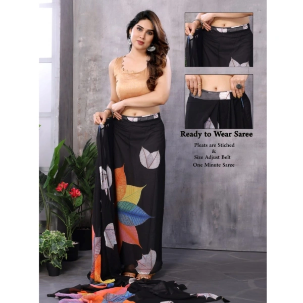 Generic Women's Small Lace Georgette Printed Ready-to-Wear Saree With Unstitched Blouse 5.5 Mtr (Black) - Black
