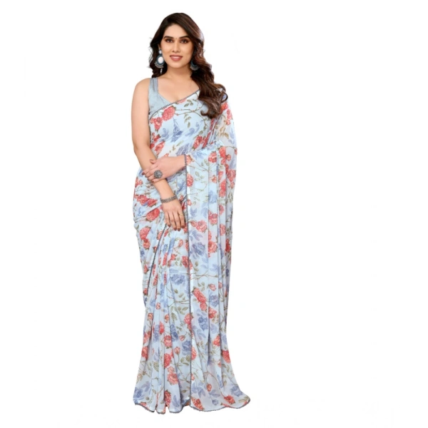 Generic Women's Small Lace Georgette Printed Ready-to-Wear Saree With Unstitched Blouse 5.5 Mtr (Sky Blue) - Sky Blue