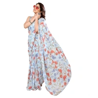 Generic Women's Small Lace Georgette Printed Ready-to-Wear Saree With Unstitched Blouse 5.5 Mtr (Sky Blue) - Sky Blue