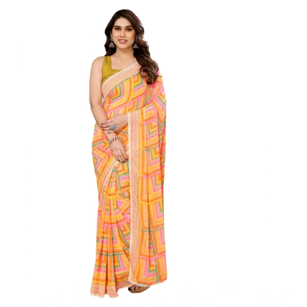 Generic Women's Small Lace Georgette Printed Ready-to-Wear Saree With Unstitched Blouse 5.5 Mtr (Yellow) - Yellow