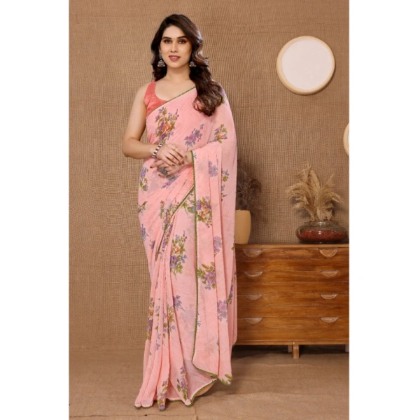 Generic Women's Small Lace Georgette Printed Ready-to-Wear Saree With Unstitched Blouse 5.5 Mtr (Peach) - Peach