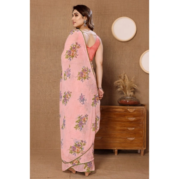 Generic Women's Small Lace Georgette Printed Ready-to-Wear Saree With Unstitched Blouse 5.5 Mtr (Peach) - Peach
