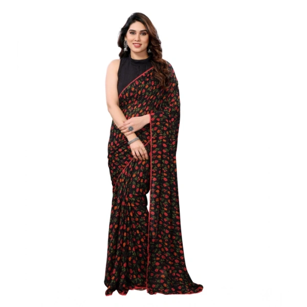 Generic Women's Small Lace Georgette Printed Ready-to-Wear Saree With Unstitched Blouse 5.5 Mtr (Black) - Black