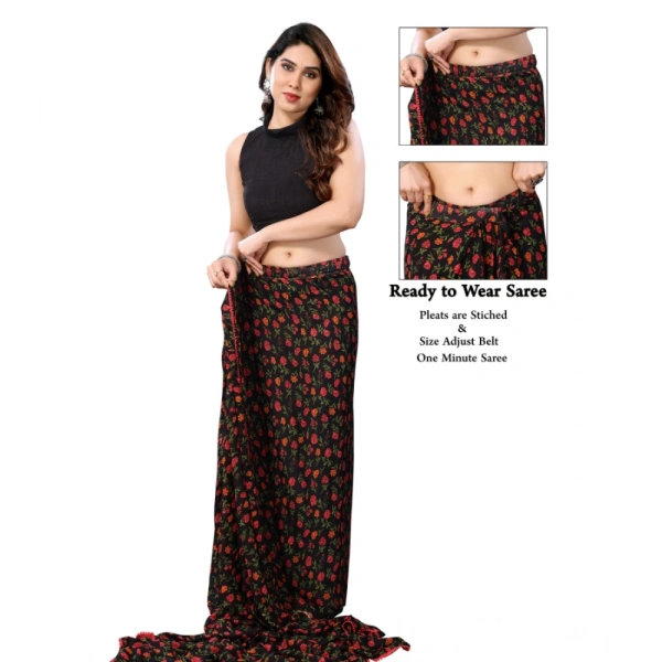 Generic Women's Small Lace Georgette Printed Ready-to-Wear Saree With Unstitched Blouse 5.5 Mtr (Black) - Black