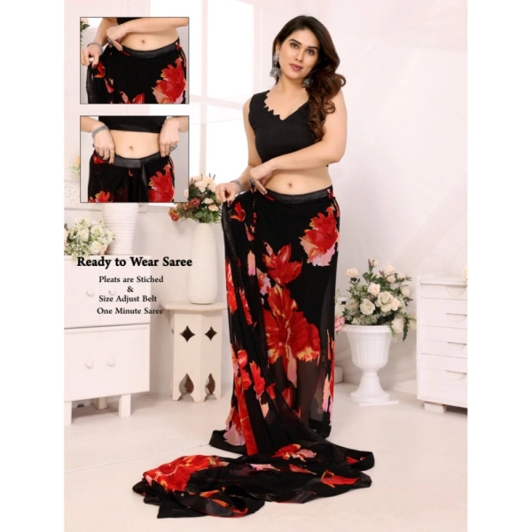 Generic Women's Small Lace Georgette Printed Ready-to-Wear Saree With Unstitched Blouse 5.5 Mtr (Black-Red) - Black-Red