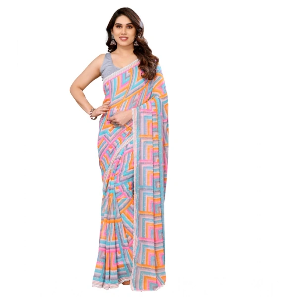 Generic Women's Small Lace Georgette Printed Ready-to-Wear Saree With Unstitched Blouse 5.5 Mtr (Grey) - Grey