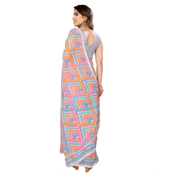 Generic Women's Small Lace Georgette Printed Ready-to-Wear Saree With Unstitched Blouse 5.5 Mtr (Grey) - Grey