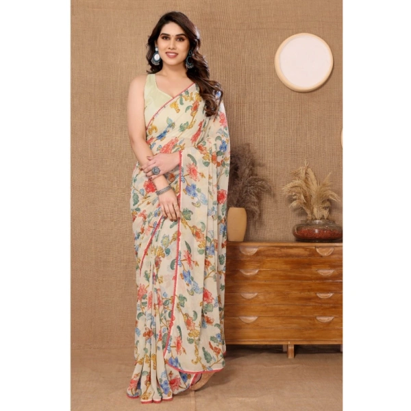Generic Women's Small Lace Georgette Printed Ready-to-Wear Saree With Unstitched Blouse 5.5 Mtr (Off White) - Off White