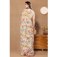 Generic Women's Small Lace Georgette Printed Ready-to-Wear Saree With Unstitched Blouse 5.5 Mtr (Off White) - Off White