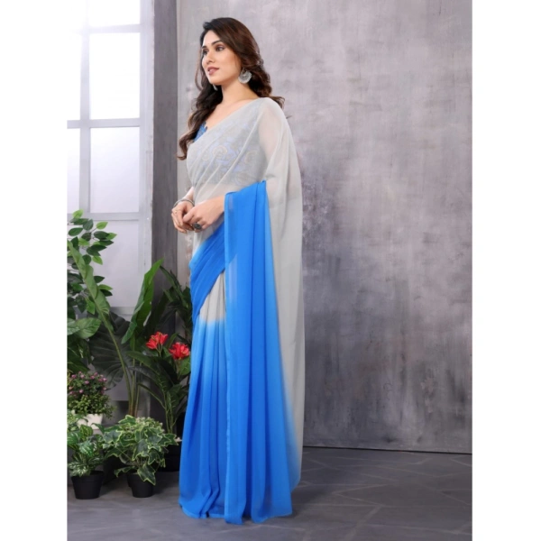 Generic Women's Small Lace Georgette Solid Ready-to-Wear Saree With Unstitched Blouse 5.5 Mtr (Grey-Blue) - Grey-Blue