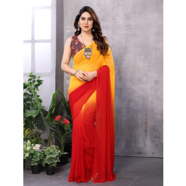 Generic Women's Small Lace Georgette Solid Ready-to-Wear Saree With Unstitched Blouse 5.5 Mtr (Red-Orange) - Red-Orange