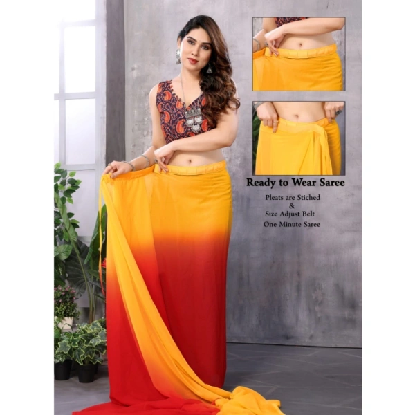 Generic Women's Small Lace Georgette Solid Ready-to-Wear Saree With Unstitched Blouse 5.5 Mtr (Red-Orange) - Red-Orange