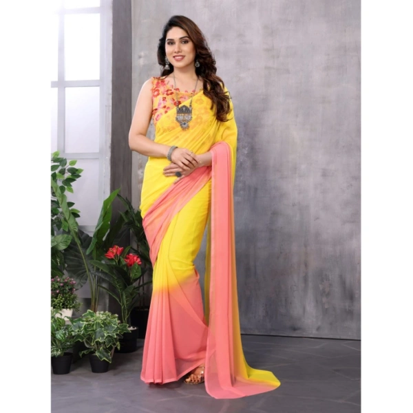 Generic Women's Small Lace Georgette Solid Ready-to-Wear Saree With Unstitched Blouse 5.5 Mtr (Pink-Yellow) - Pink-Yellow