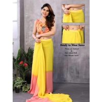 Generic Women's Small Lace Georgette Solid Ready-to-Wear Saree With Unstitched Blouse 5.5 Mtr (Pink-Yellow) - Pink-Yellow