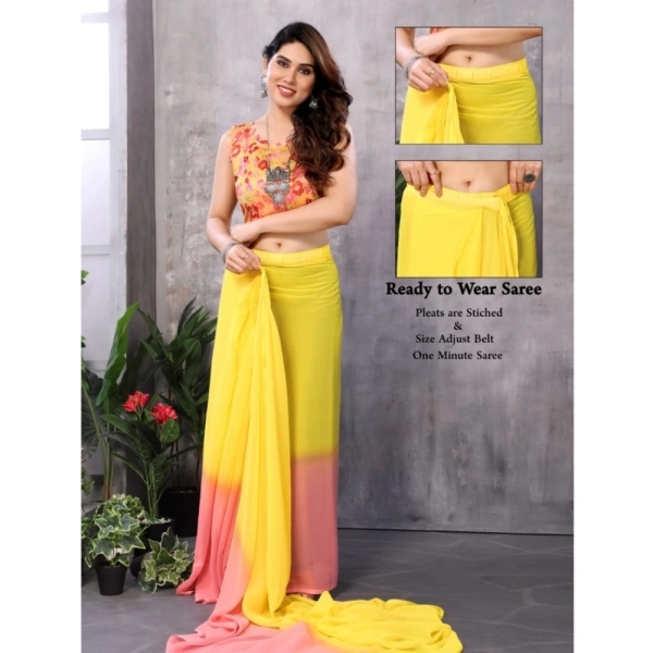 Generic Women's Small Lace Georgette Solid Ready-to-Wear Saree With Unstitched Blouse 5.5 Mtr (Pink-Yellow) - Pink-Yellow