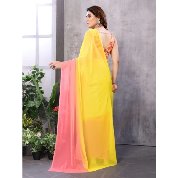 Generic Women's Small Lace Georgette Solid Ready-to-Wear Saree With Unstitched Blouse 5.5 Mtr (Pink-Yellow) - Pink-Yellow