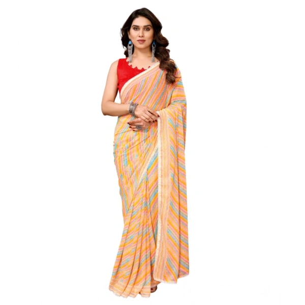 Generic Women's Small Lace Georgette Striped Ready-to-Wear Saree With Unstitched Blouse 5.5 Mtr (Yellow) - Yellow