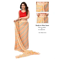 Generic Women's Small Lace Georgette Striped Ready-to-Wear Saree With Unstitched Blouse 5.5 Mtr (Yellow) - Yellow