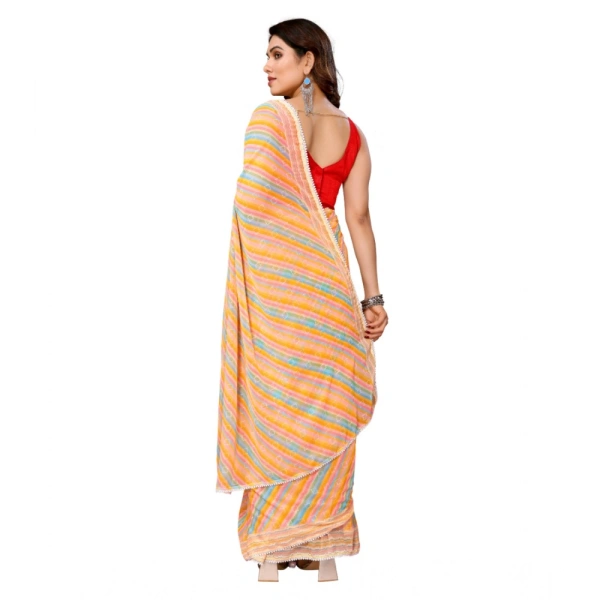 Generic Women's Small Lace Georgette Striped Ready-to-Wear Saree With Unstitched Blouse 5.5 Mtr (Yellow) - Yellow