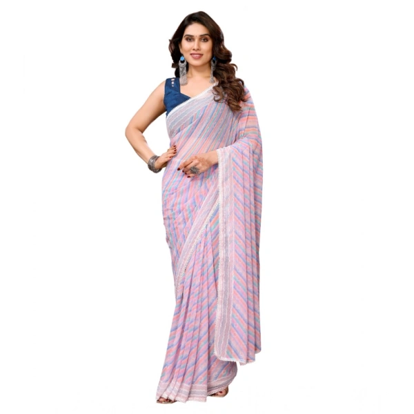 Generic Women's Small Lace Georgette Striped Ready-to-Wear Saree With Unstitched Blouse 5.5 Mtr (Purple) - Purple