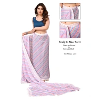 Generic Women's Small Lace Georgette Striped Ready-to-Wear Saree With Unstitched Blouse 5.5 Mtr (Purple) - Purple