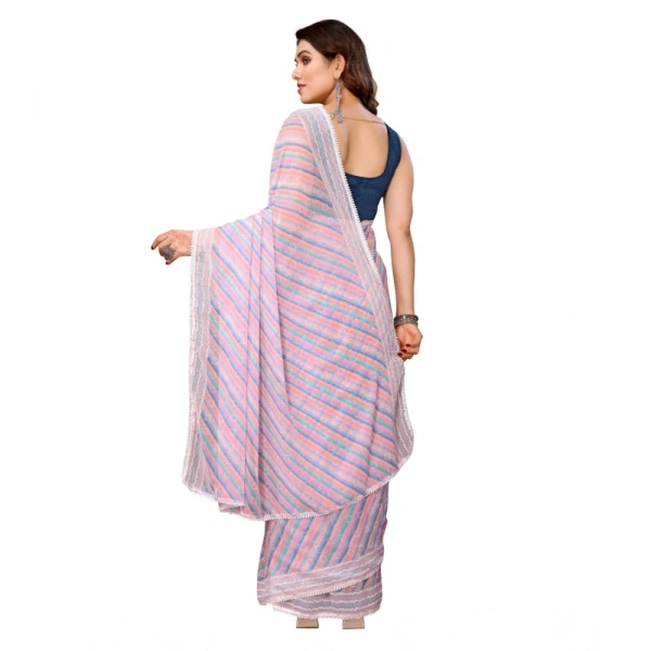 Generic Women's Small Lace Georgette Striped Ready-to-Wear Saree With Unstitched Blouse 5.5 Mtr (Purple) - Purple
