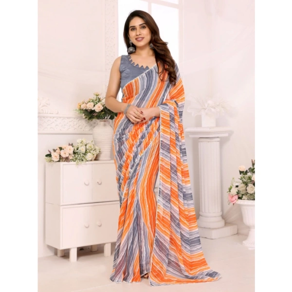 Generic Women's Small Lace Georgette Striped Ready-to-Wear Saree With Unstitched Blouse 5.5 Mtr (Grey) - Grey
