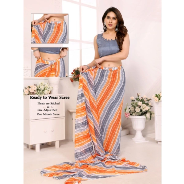 Generic Women's Small Lace Georgette Striped Ready-to-Wear Saree With Unstitched Blouse 5.5 Mtr (Grey) - Grey