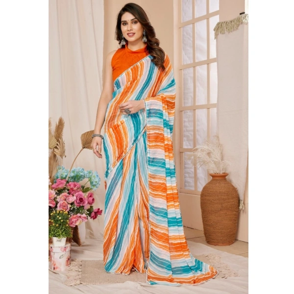 Generic Women's Small Lace Georgette Striped Ready-to-Wear Saree With Unstitched Blouse 5.5 Mtr (Multicolor) - Multicolor